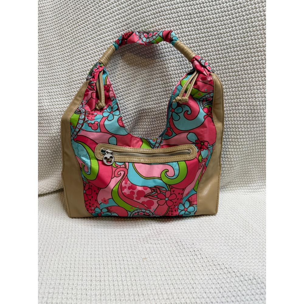 Disney Parks Mickey Mouse Psychedelic Floral Nylon Hobo Bag Tan Trim Colorful